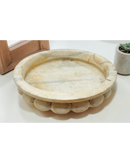 Vintage White Marble Large Round Floral Shaped Bowl Original Old Fine Hand Carved