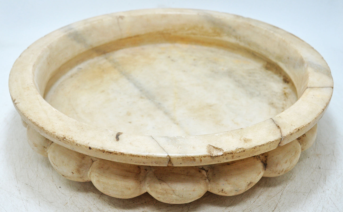 Vintage White Marble Large Round Floral Shaped Bowl Original Old Fine Hand Carved