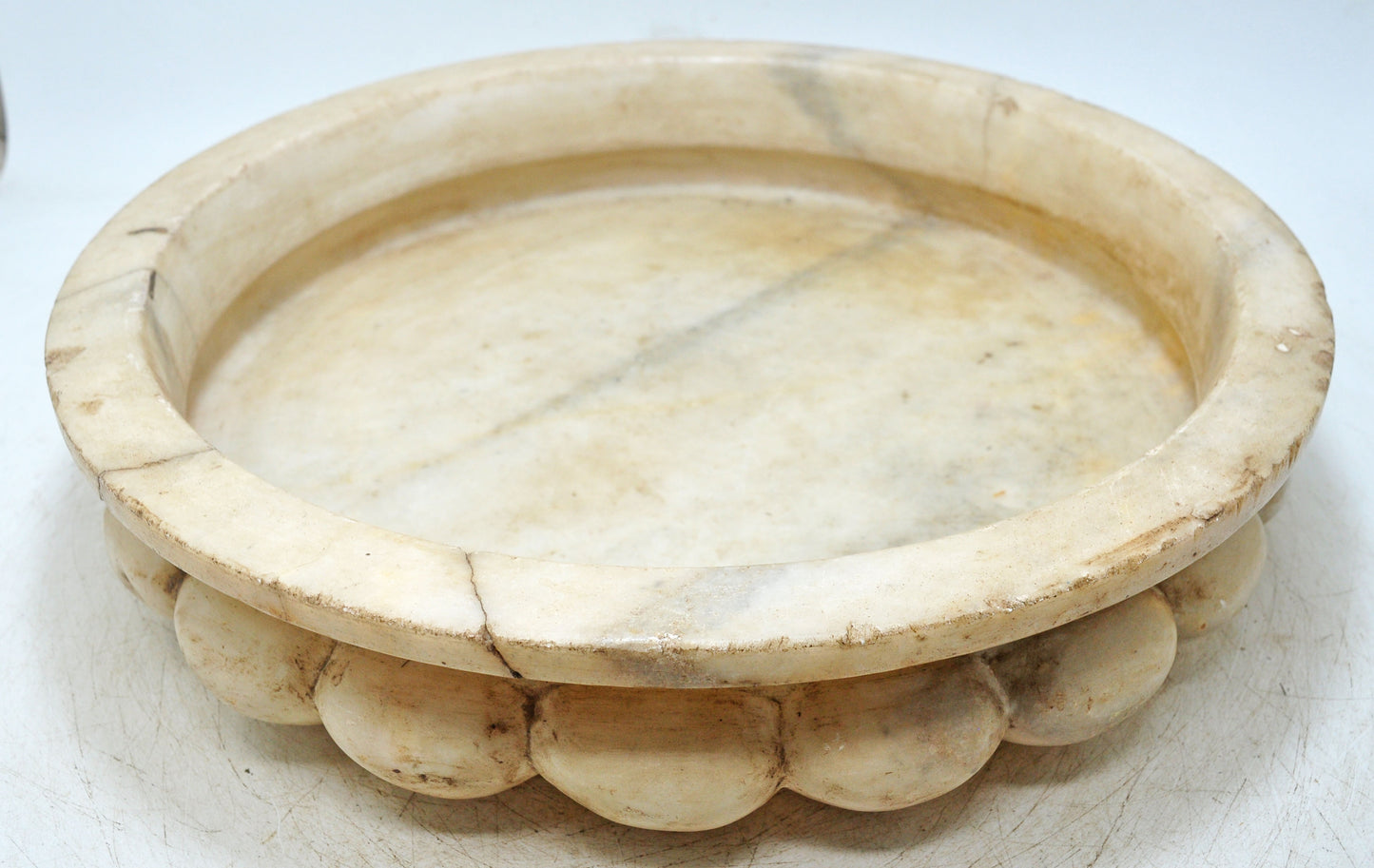 Vintage White Marble Large Round Floral Shaped Bowl Original Old Fine Hand Carved