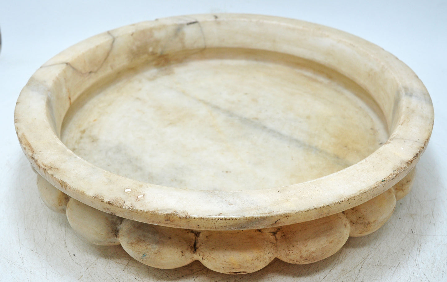 Vintage White Marble Large Round Floral Shaped Bowl Original Old Fine Hand Carved