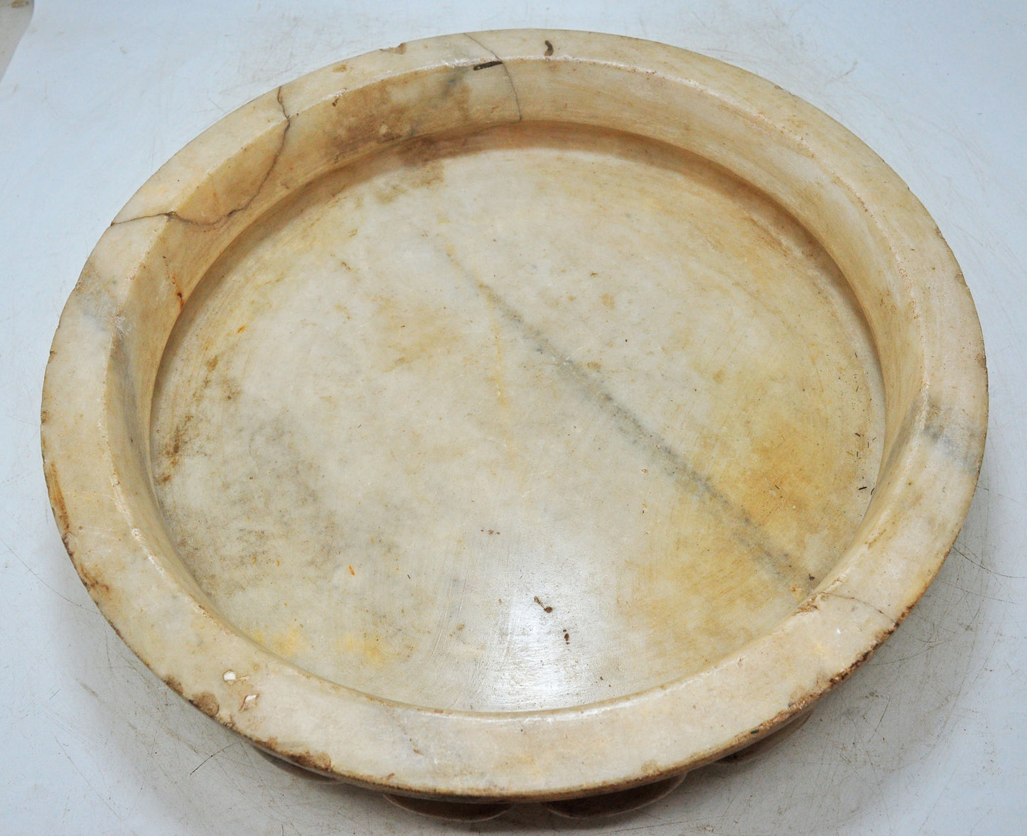 Vintage White Marble Large Round Floral Shaped Bowl Original Old Fine Hand Carved