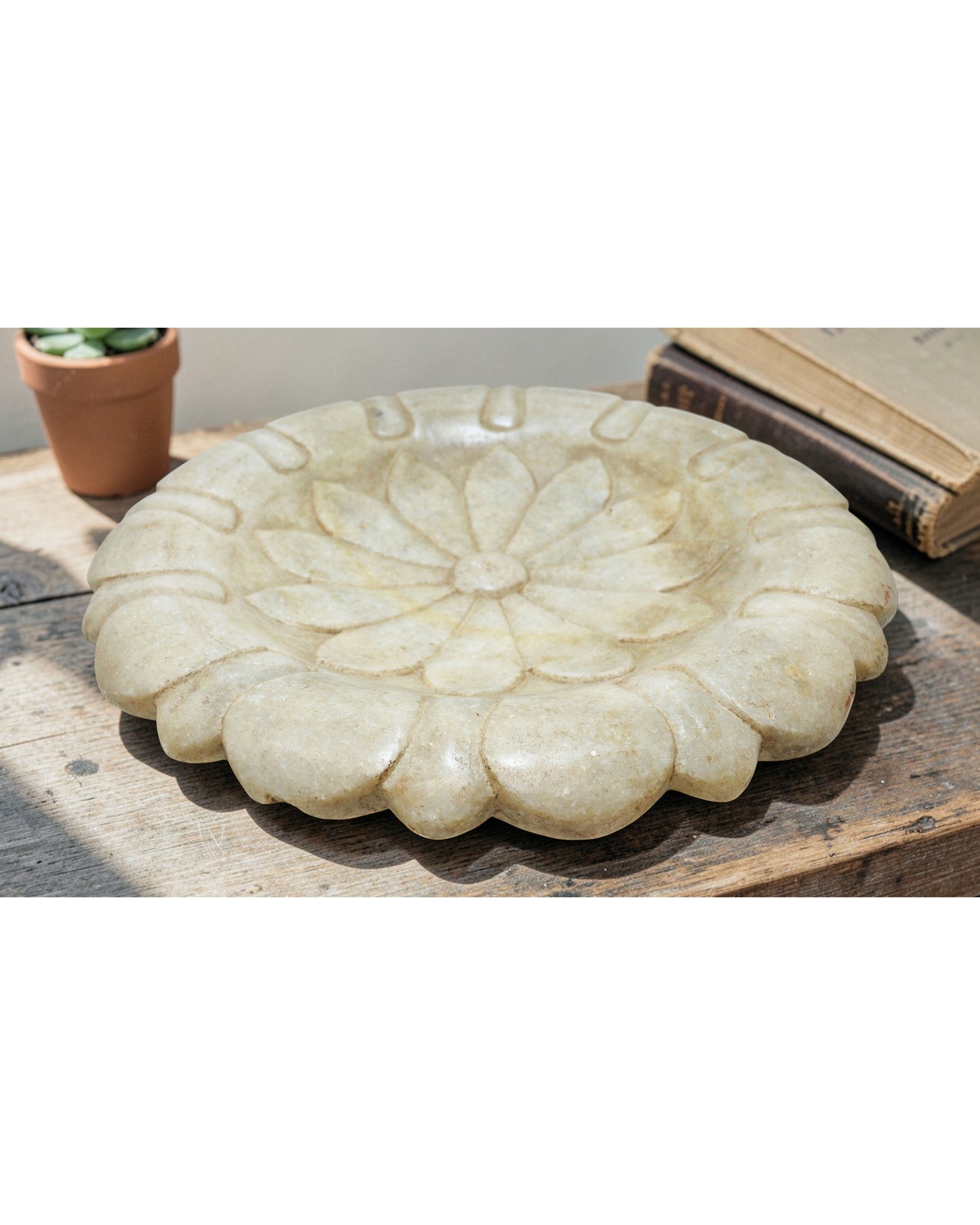 Vintage White Marble Large Lotus Floral Shaped Bowl Original Old Fine Hand Carved