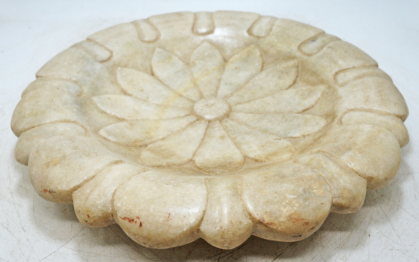 Vintage White Marble Large Lotus Floral Shaped Bowl Original Old Fine Hand Carved