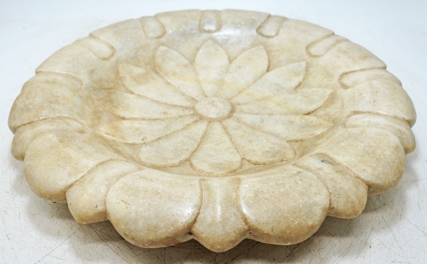 Vintage White Marble Large Lotus Floral Shaped Bowl Original Old Fine Hand Carved