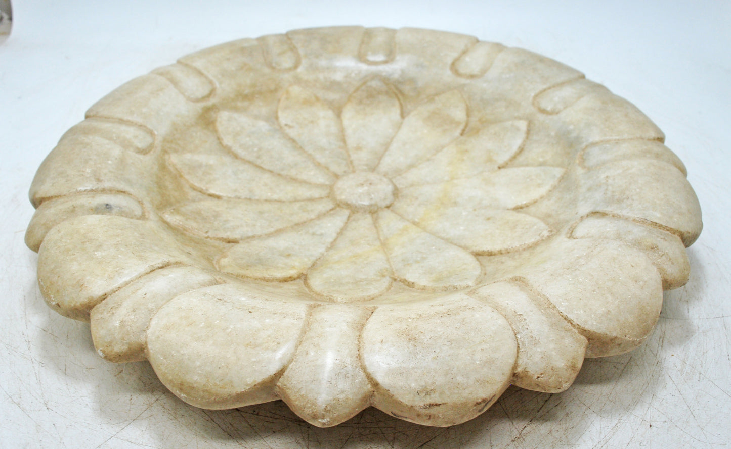 Vintage White Marble Large Lotus Floral Shaped Bowl Original Old Fine Hand Carved