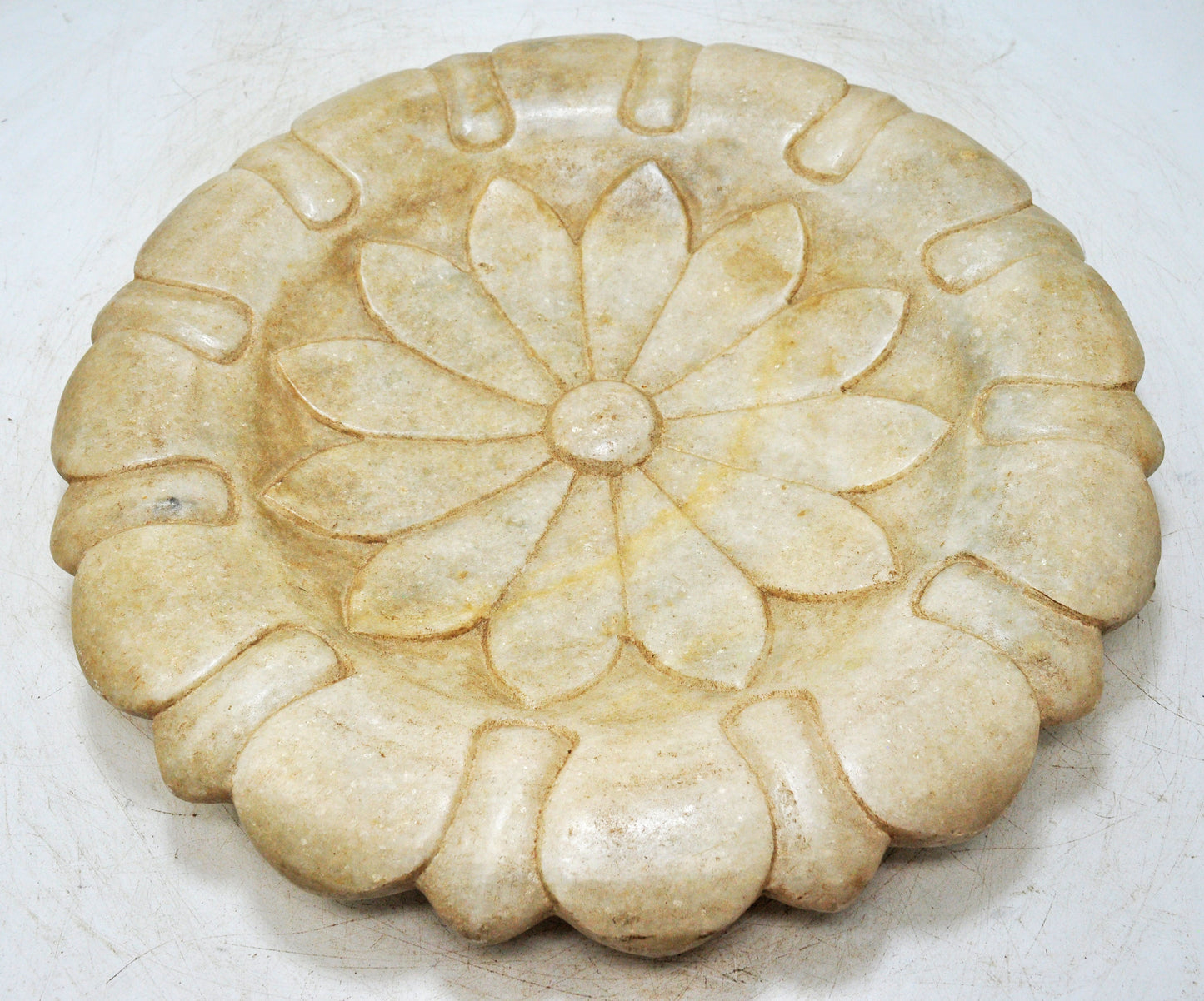 Vintage White Marble Large Lotus Floral Shaped Bowl Original Old Fine Hand Carved