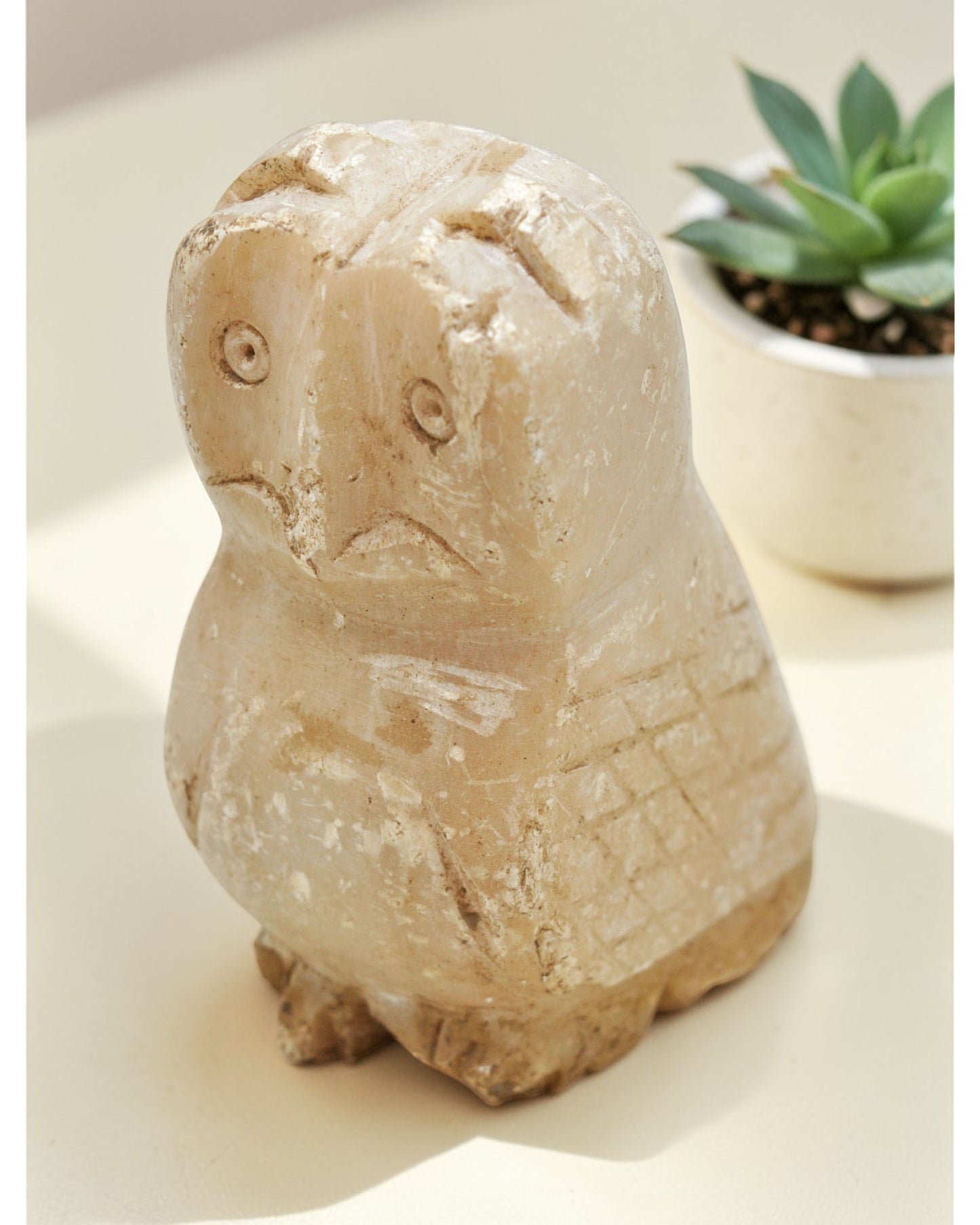 Vintage White Marble Owl Figurine Original Old Fine Hand Carved
