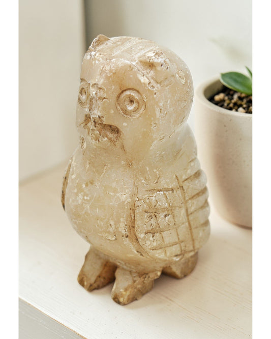 Vintage White Marble Owl Figurine Original Old Fine Hand Carved