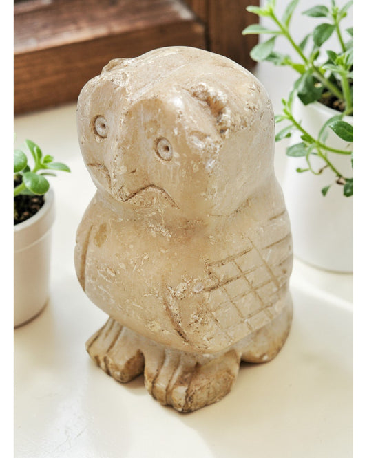 Vintage White Marble Owl Figurine Original Old Fine Hand Carved