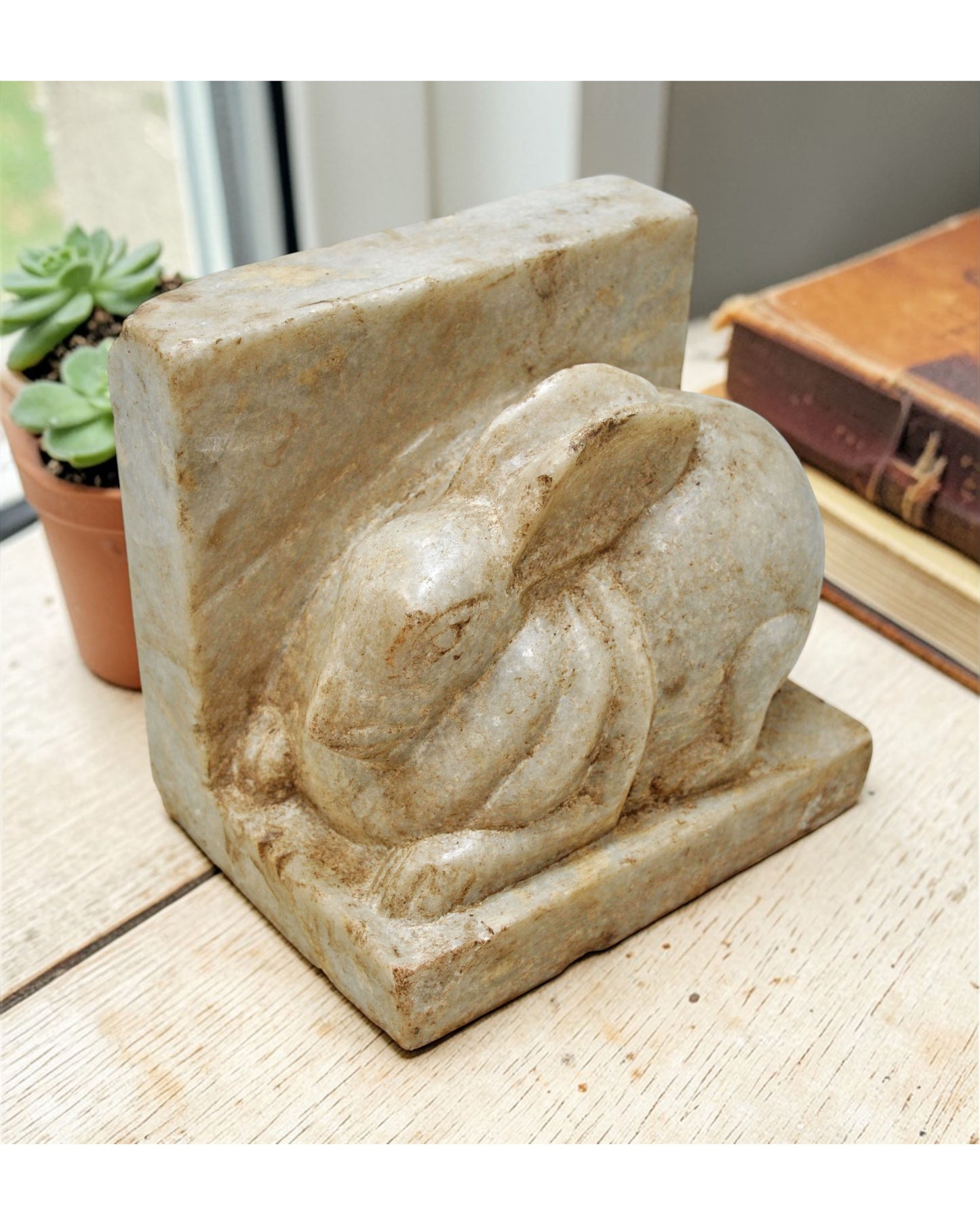 Vintage Wooden Rabbit Carving Book End Figurine Original Old Fine Hand Carved