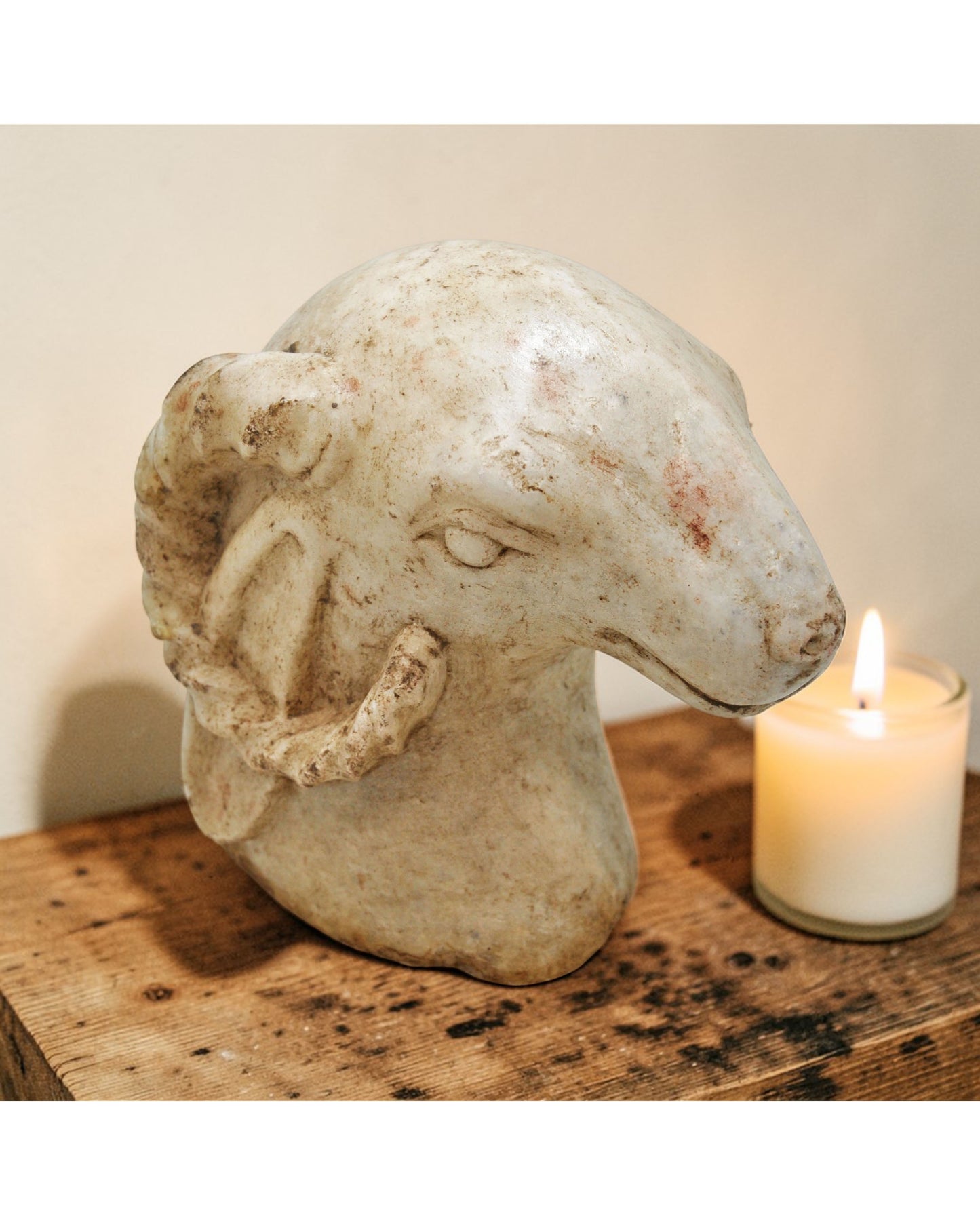 Vintage White Marble Ram Goat Head Bust Figurine Original Old Fine Hand Carved