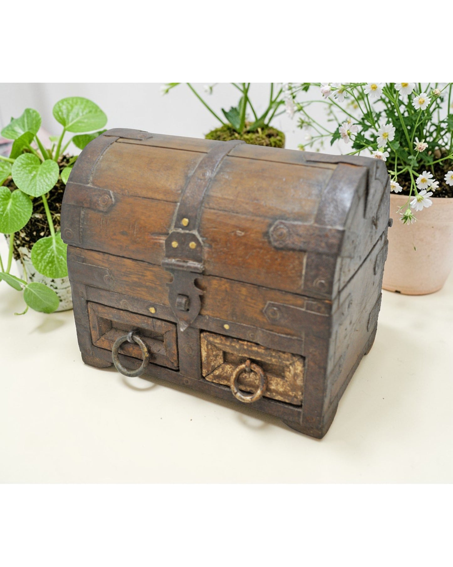 Vintage Wooden Small Half Round Top Storage Box Original Old Hand Crafted