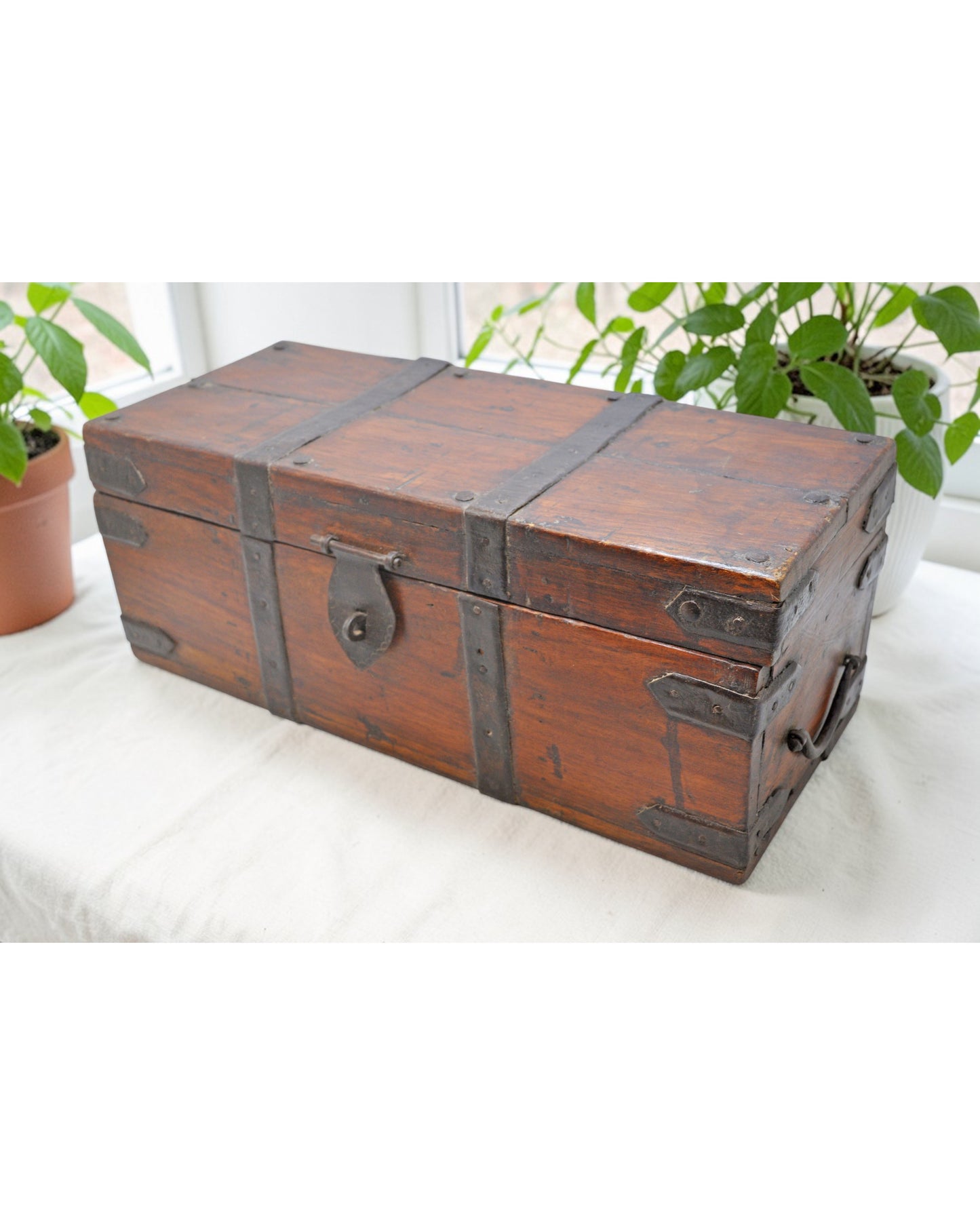 Vintage Wooden Storage Box Original Old Hand Crafted Metal Fitted