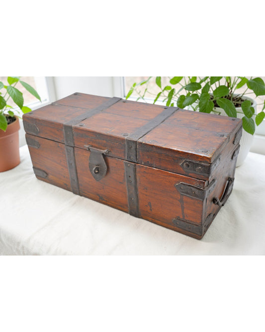 Vintage Wooden Storage Box Original Old Hand Crafted Metal Fitted