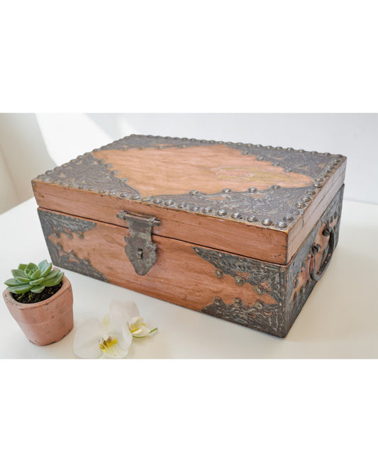 Vintage Wooden Storage Box Original Old Hand Crafted Metal Fitted
