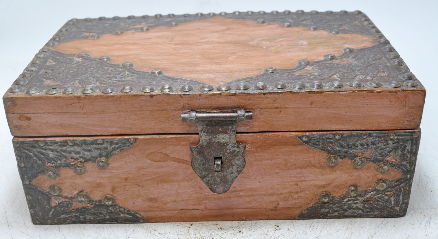 Vintage Wooden Storage Box Original Old Hand Crafted Metal Fitted