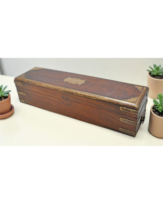 Vintage Wooden Pencil Stationary Box Original Old Hand Crafted Brass Fitted