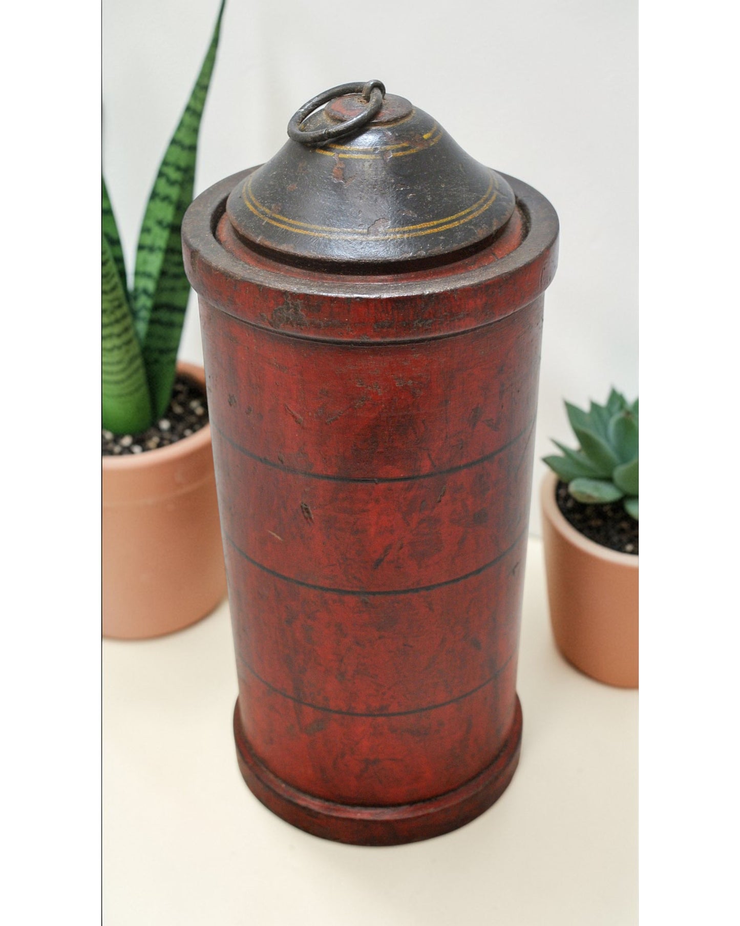 Vintage Wooden Lacquer Painted Tall Candy Box Original Old Hand Crafted