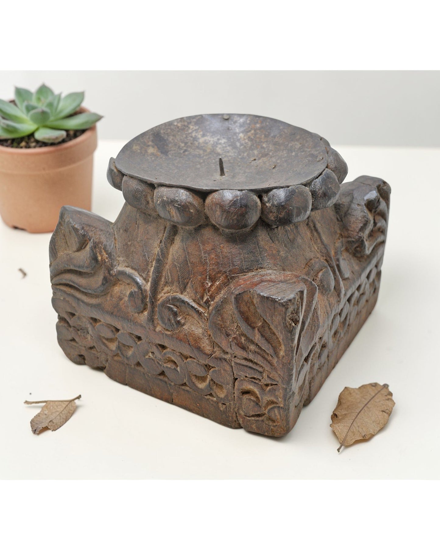 Antique Wooden Candle Holder Stand Original Old Hand Carved