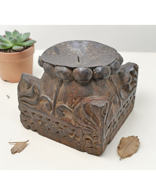 Antique Wooden Candle Holder Stand Original Old Hand Carved