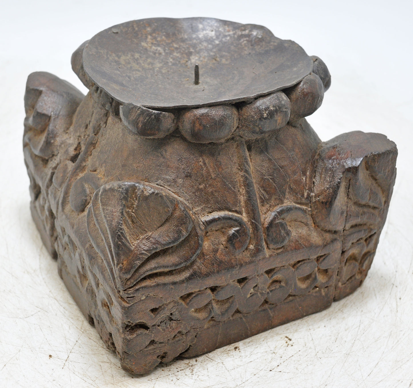 Antique Wooden Candle Holder Stand Original Old Hand Carved