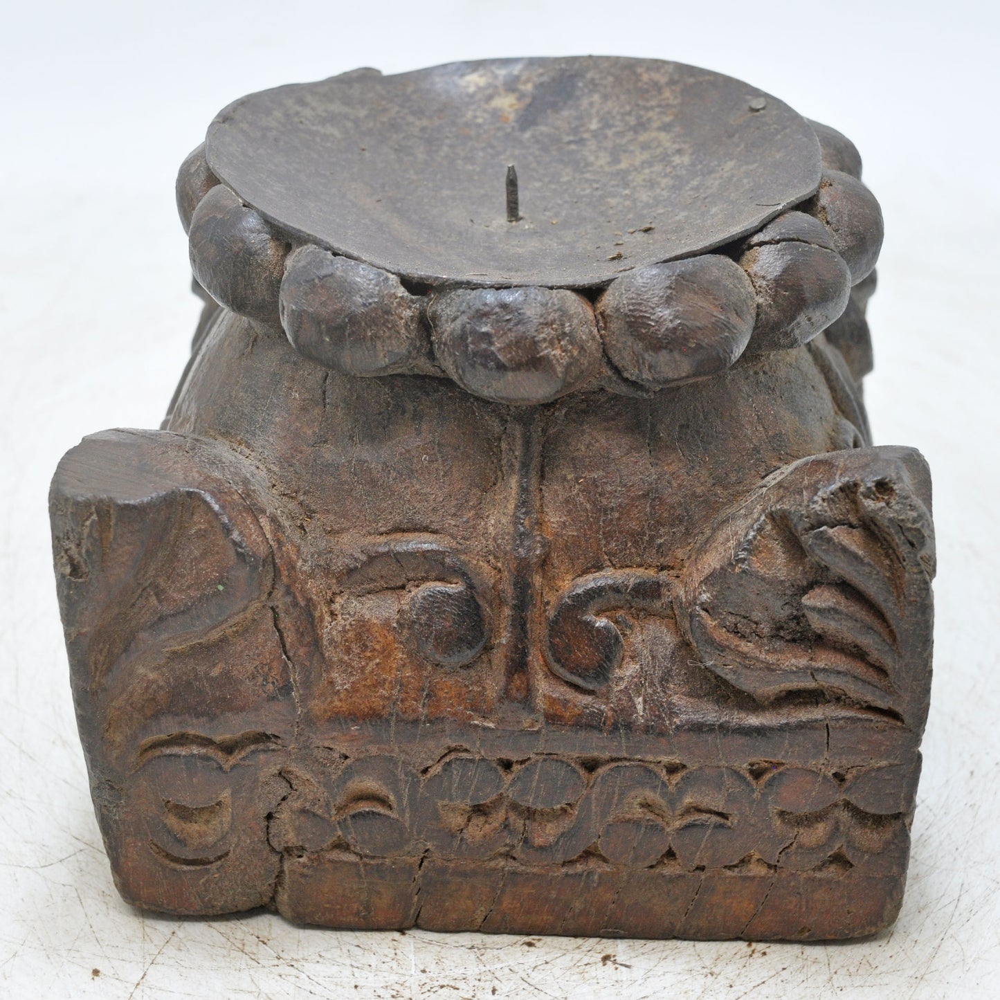 Antique Wooden Candle Holder Stand Original Old Hand Carved