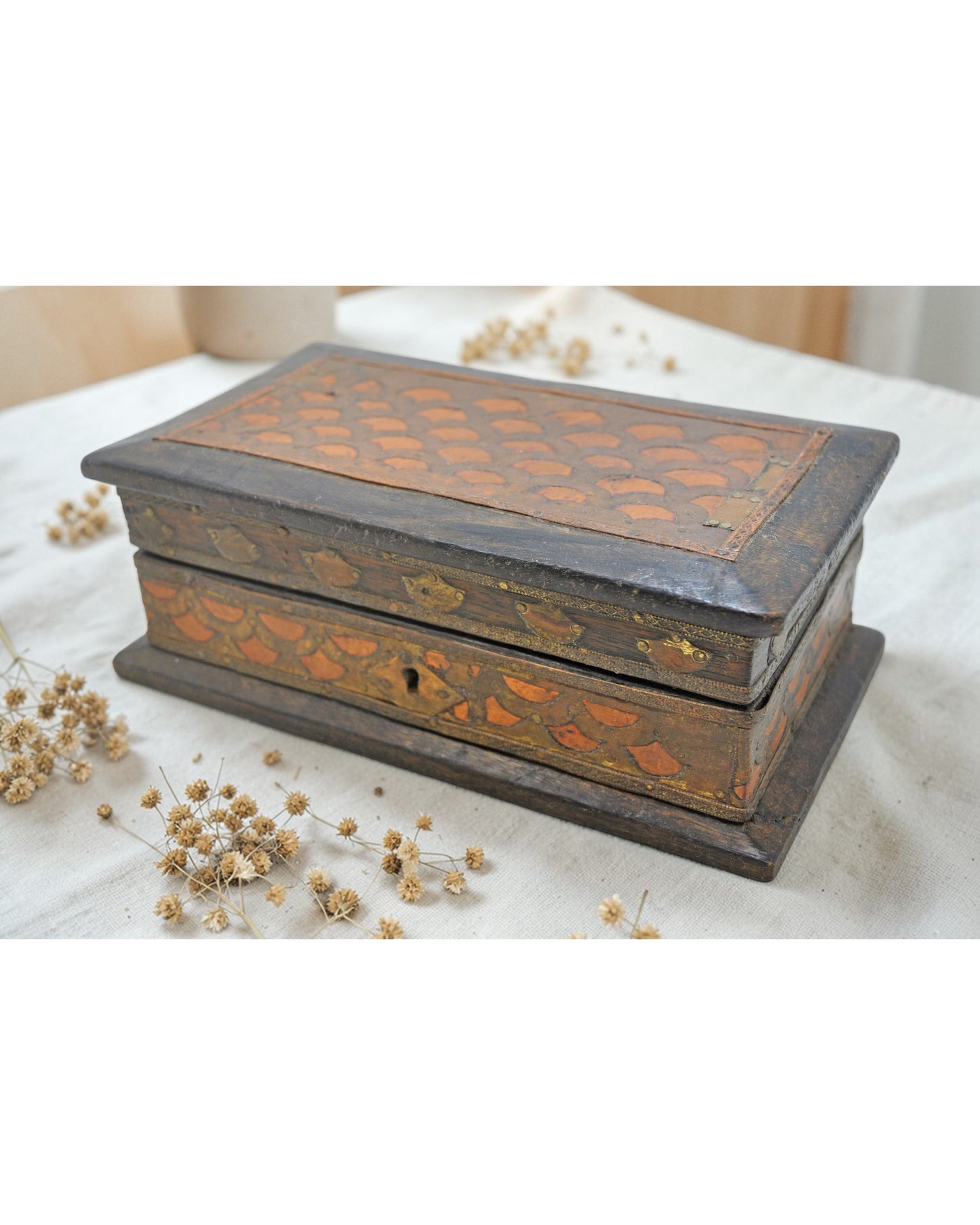 Vintage Wooden Storage Box Original Old Hand Crafted Brass Fitted