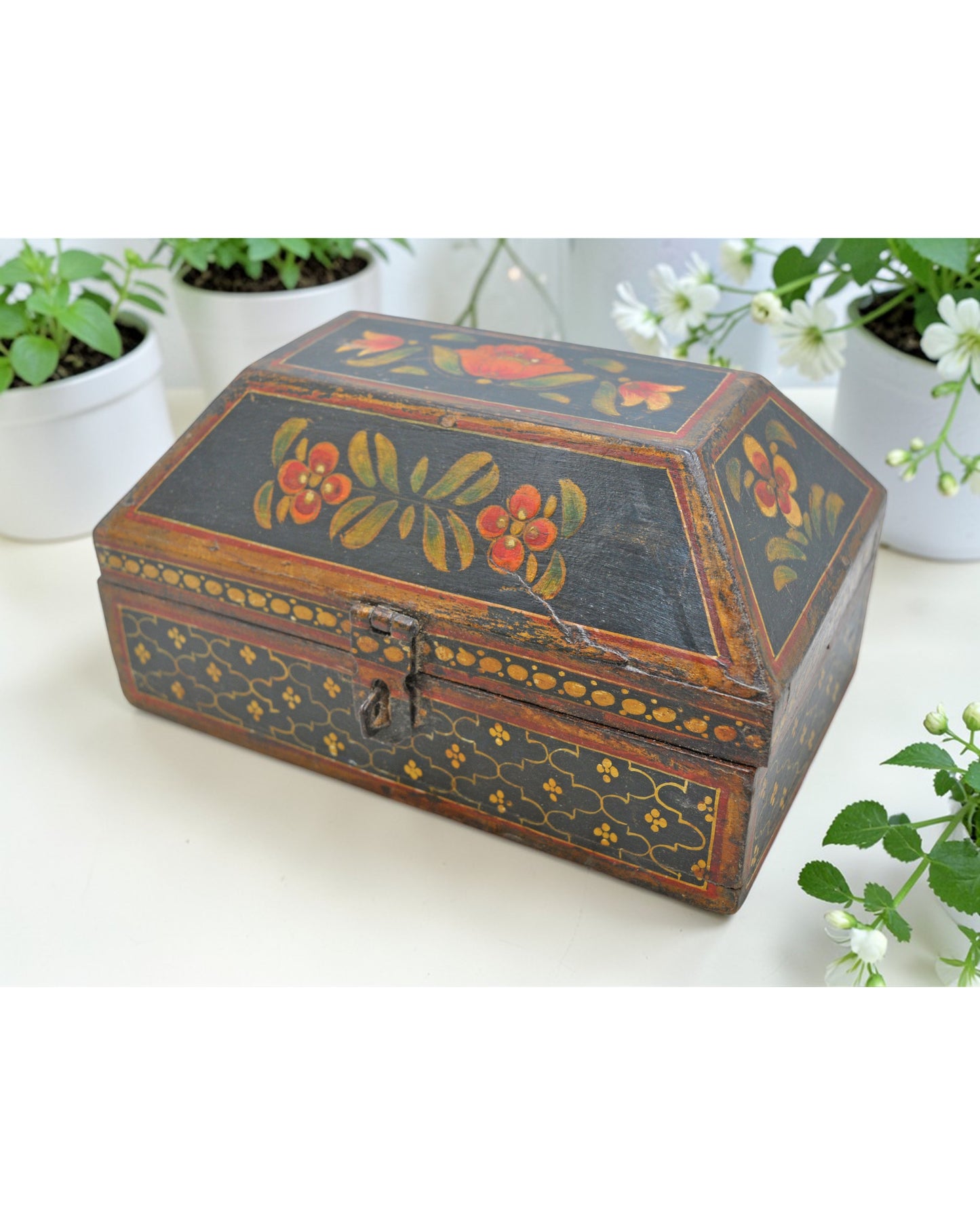 Vintage Wooden Dome Shaped Storage Box Original Old Hand Crafted Painted