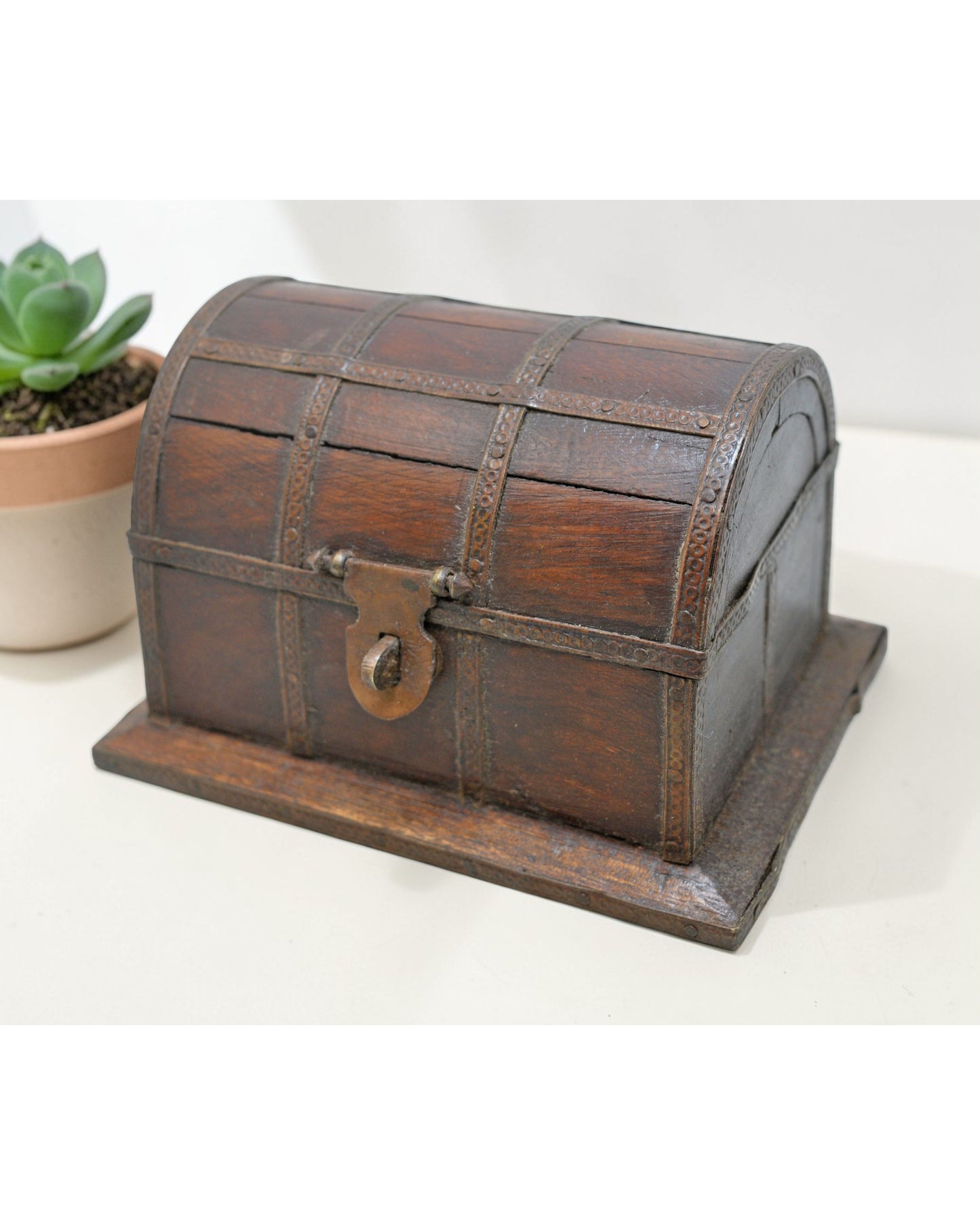 Vintage Wooden Half Round Small Storage Box Original Old Hand Crafted Brass Fitted