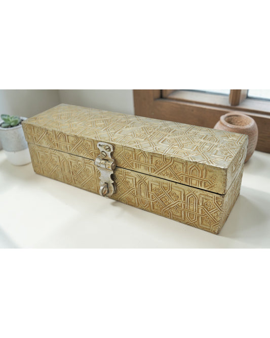 Vintage Wooden Pencil Stationary Box Original Old Hand Crafted White Metal Fitted