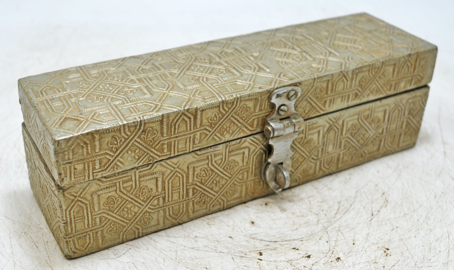 Vintage Wooden Pencil Stationary Box Original Old Hand Crafted White Metal Fitted