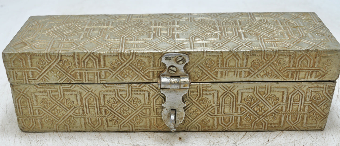Vintage Wooden Pencil Stationary Box Original Old Hand Crafted White Metal Fitted