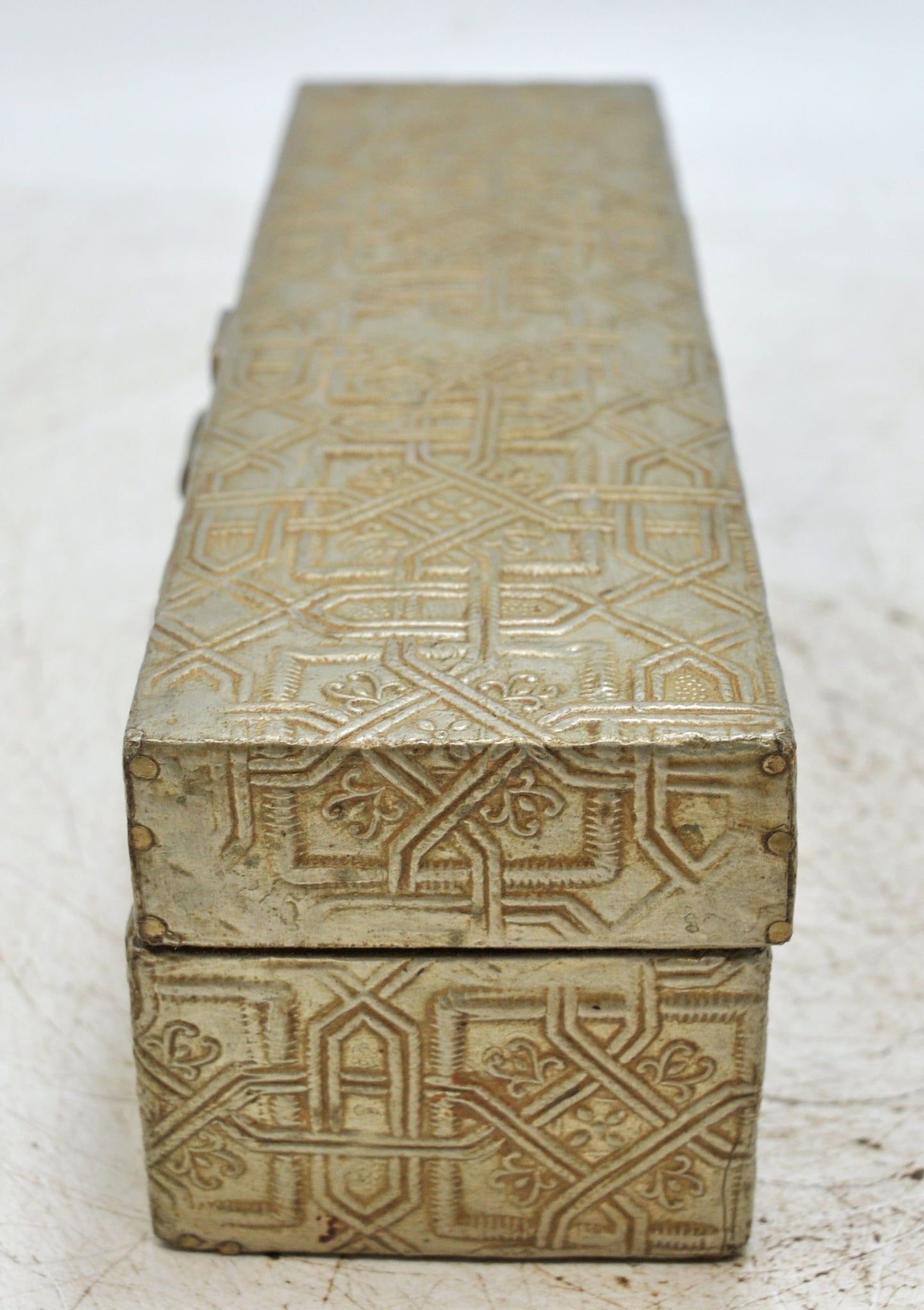 Vintage Wooden Pencil Stationary Box Original Old Hand Crafted White Metal Fitted