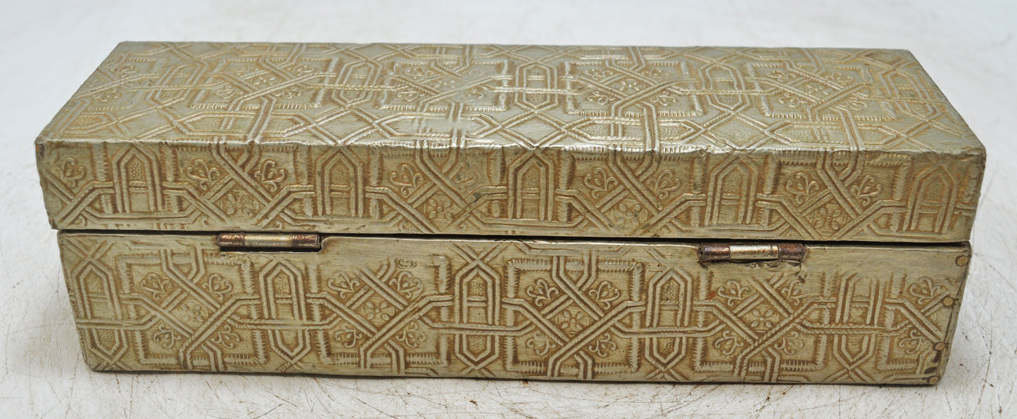 Vintage Wooden Pencil Stationary Box Original Old Hand Crafted White Metal Fitted