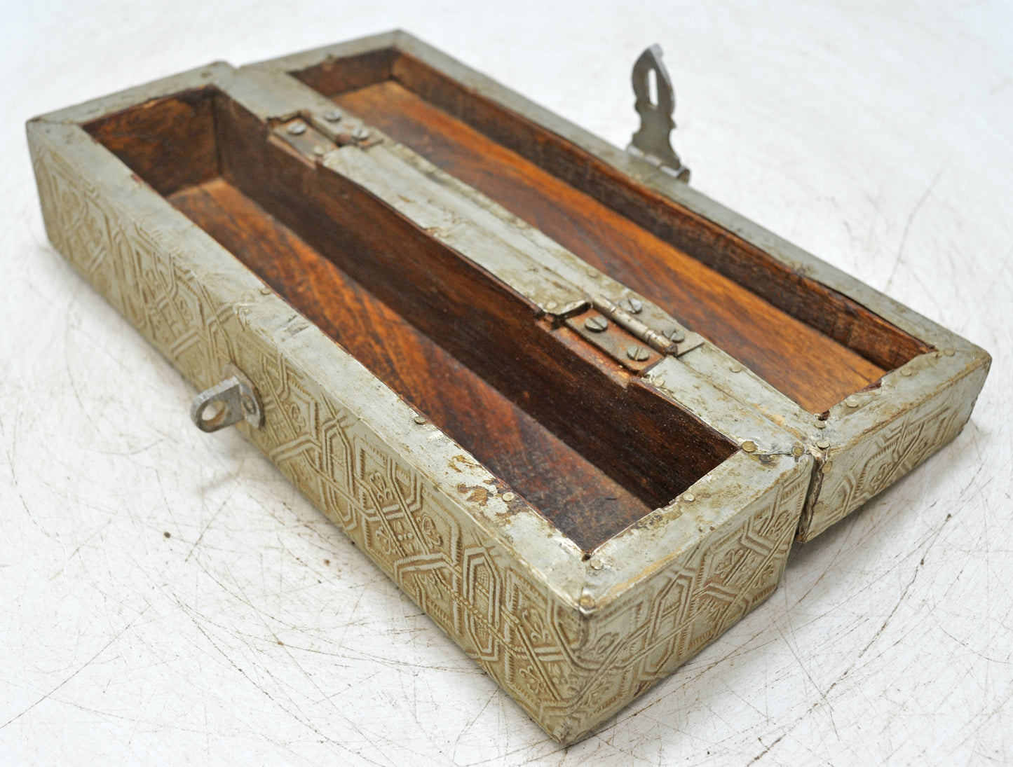 Vintage Wooden Pencil Stationary Box Original Old Hand Crafted White Metal Fitted