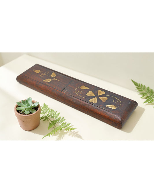 Vintage Wooden Small Pencil Box Original Old Hand Crafted Brass Fitted