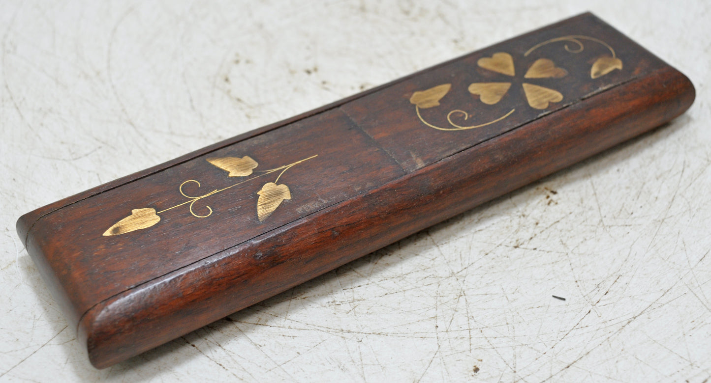 Vintage Wooden Small Pencil Box Original Old Hand Crafted Brass Fitted