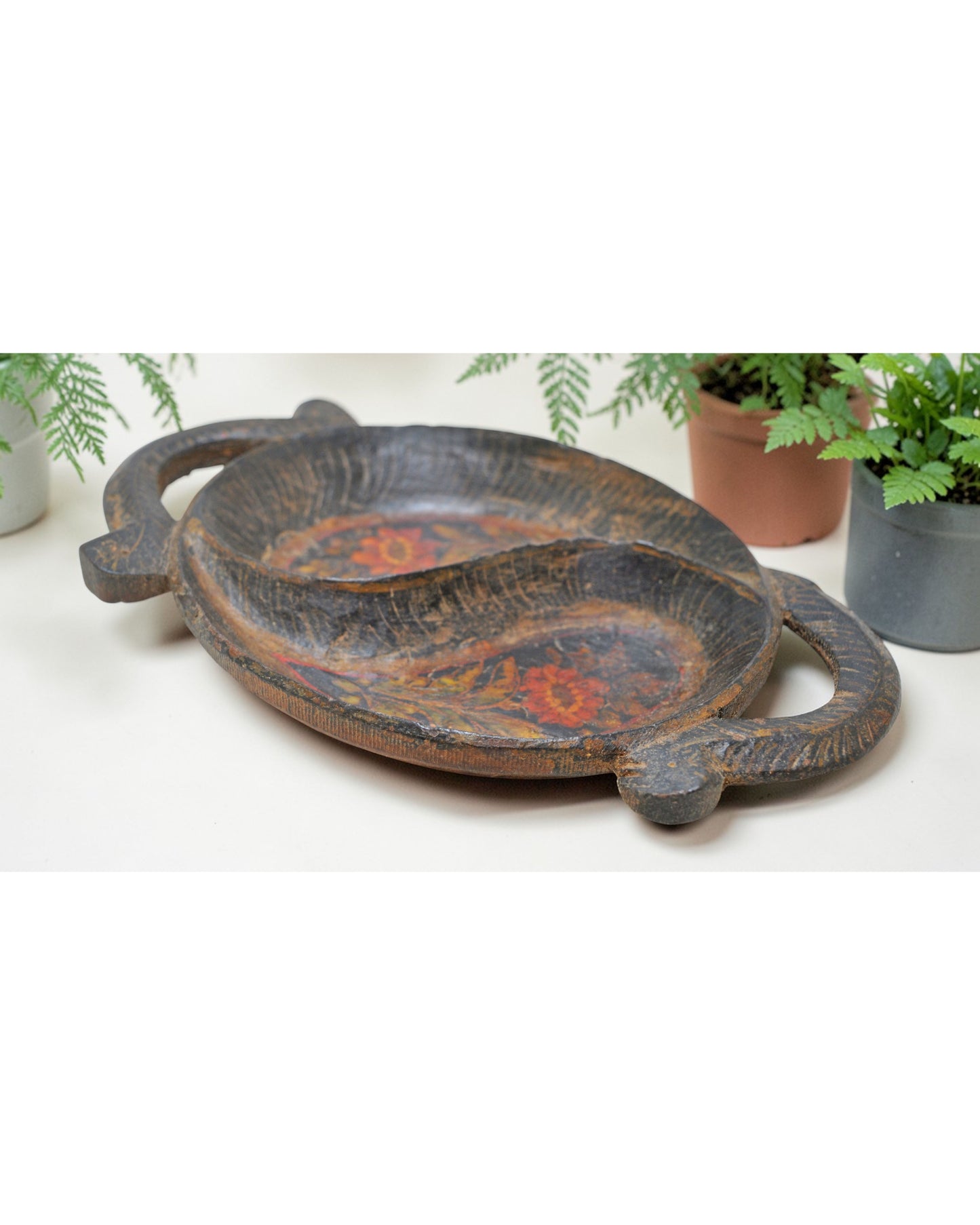 Vintage Wooden Small Tray Original Old Hand Carved Painted