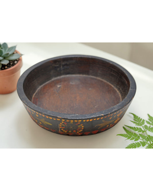 Vintage Wooden Round Parat Bowl Original Old Hand Carved Painted