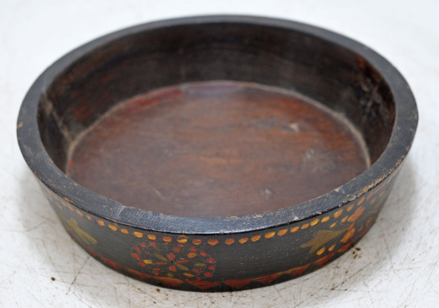 Vintage Wooden Round Parat Bowl Original Old Hand Carved Painted