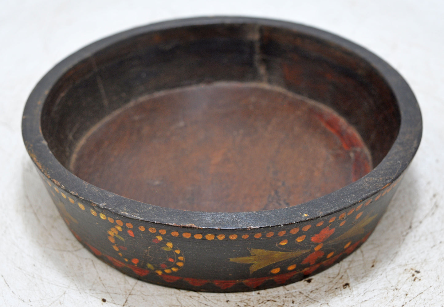 Vintage Wooden Round Parat Bowl Original Old Hand Carved Painted