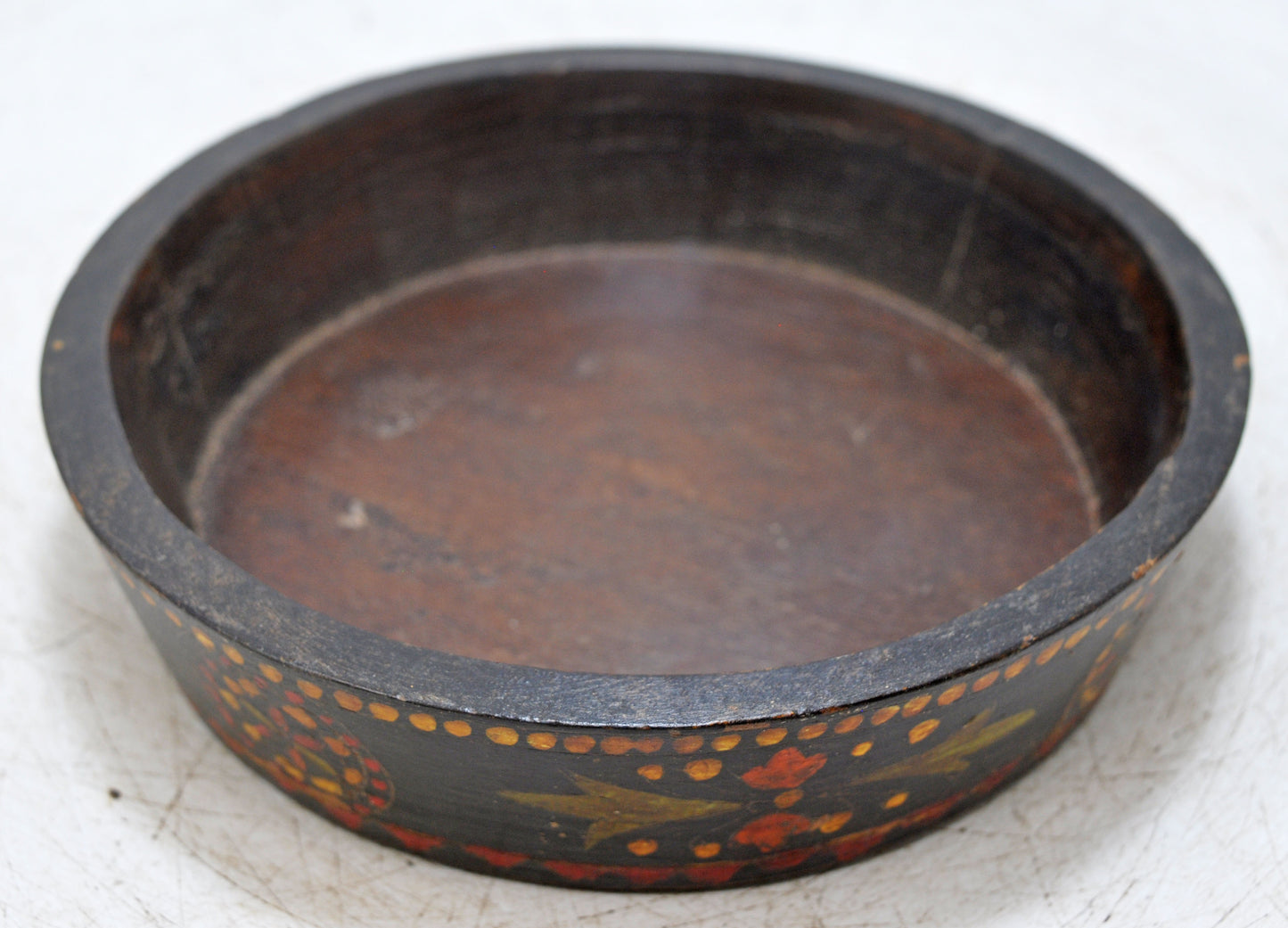 Vintage Wooden Round Parat Bowl Original Old Hand Carved Painted