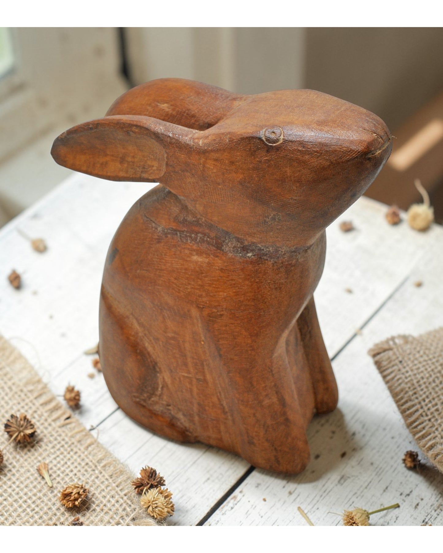 Vintage Wooden Rabbit Figurine Original Old Hand Carved