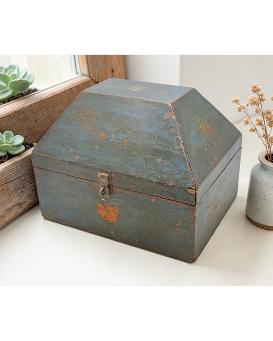 Vintage Wooden Dome Shaped Storage Box Original Old Hand Crafted Painted