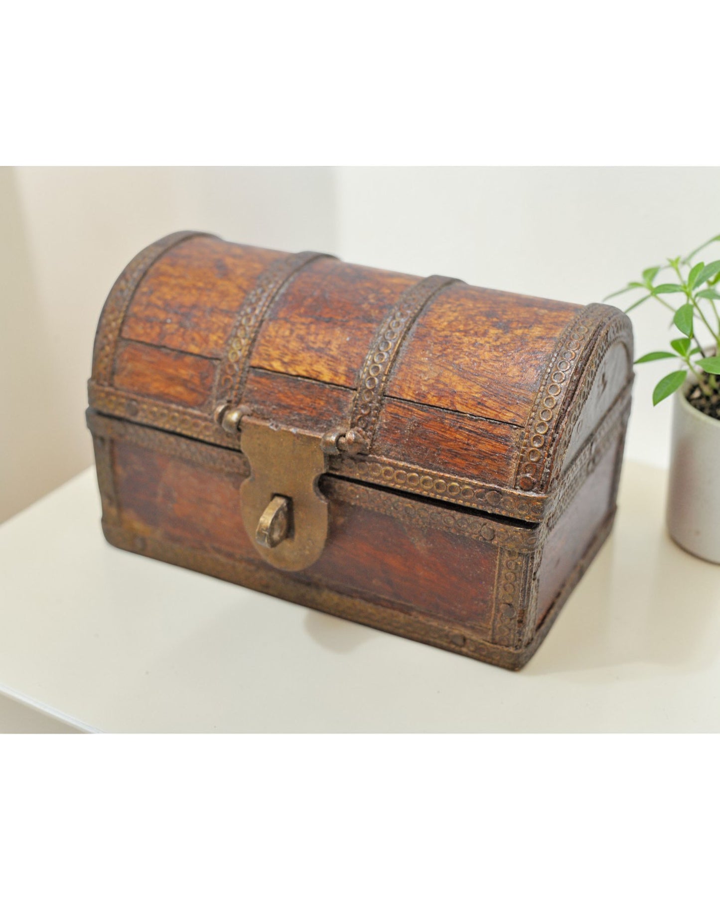 Vintage Wooden Small Half Round Top Storage Box Original Old Hand Crafted Brass Fitted