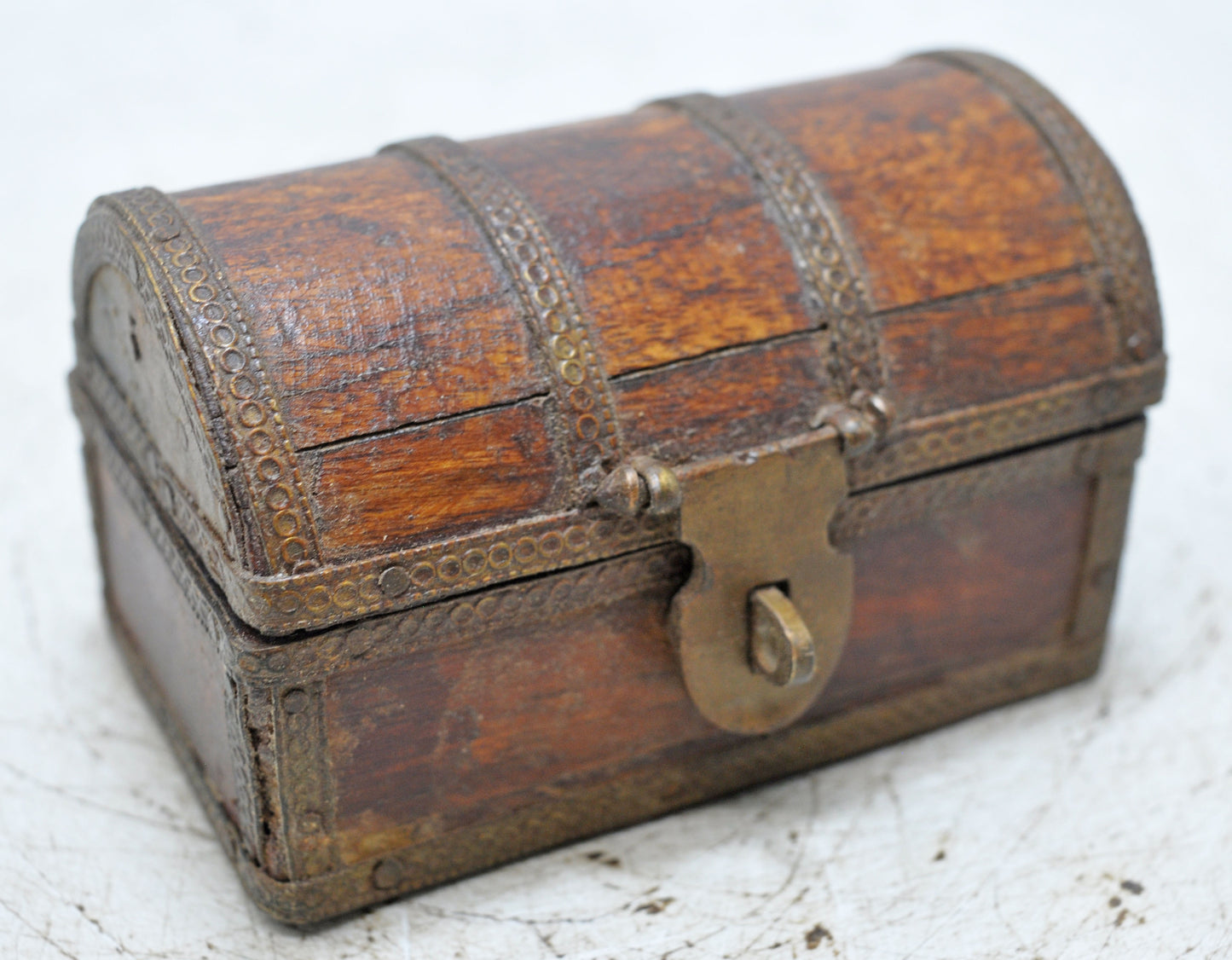 Vintage Wooden Small Half Round Top Storage Box Original Old Hand Crafted Brass Fitted