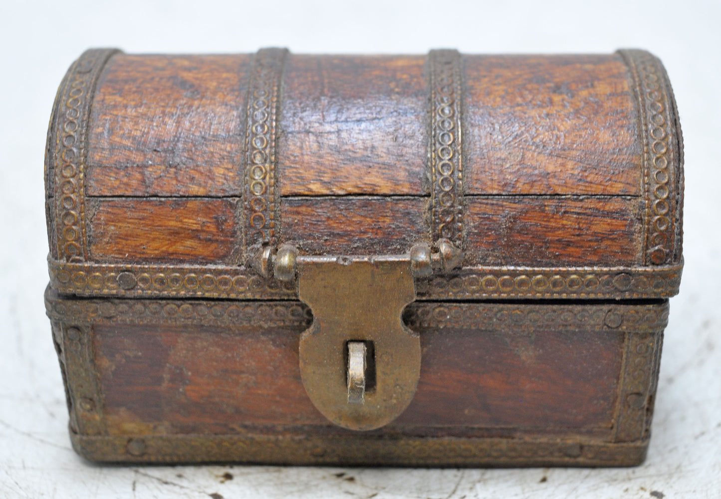 Vintage Wooden Small Half Round Top Storage Box Original Old Hand Crafted Brass Fitted