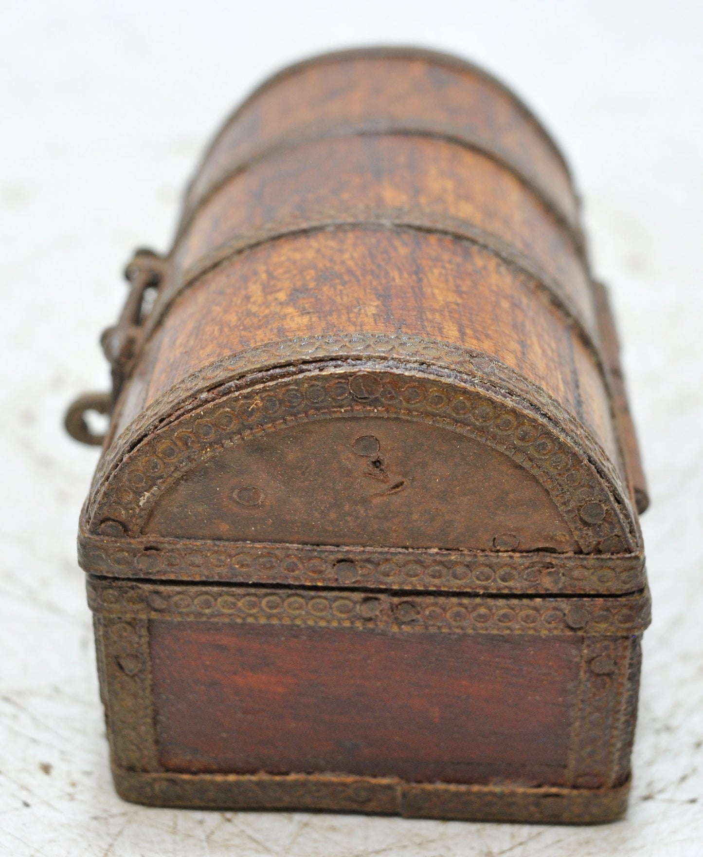 Vintage Wooden Small Half Round Top Storage Box Original Old Hand Crafted Brass Fitted