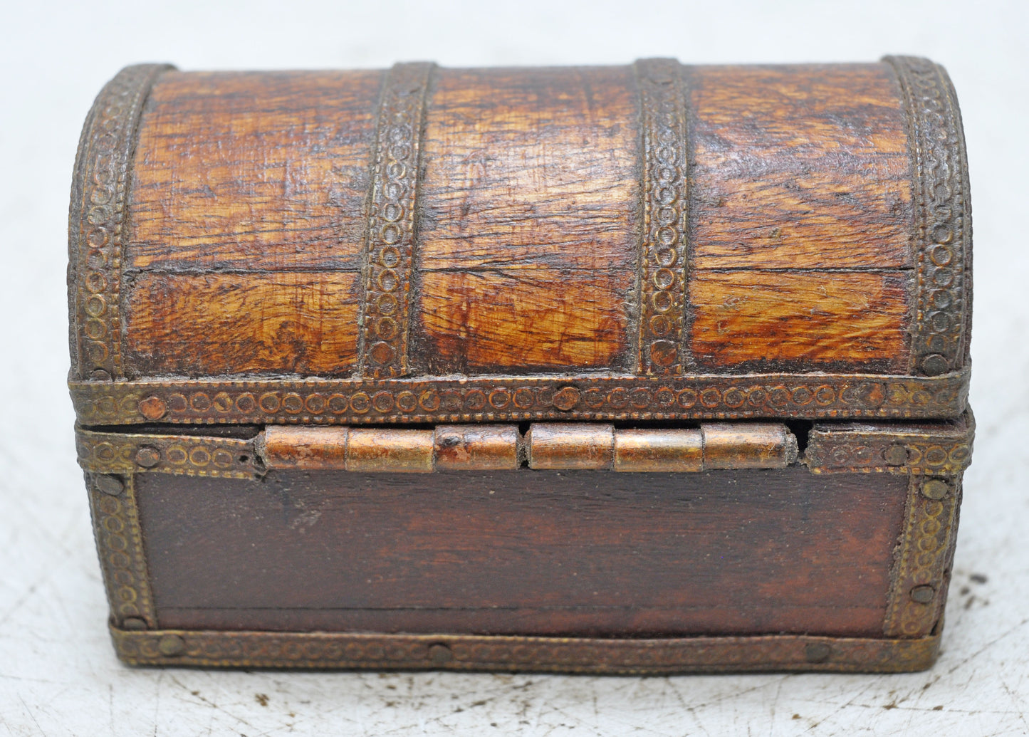 Vintage Wooden Small Half Round Top Storage Box Original Old Hand Crafted Brass Fitted