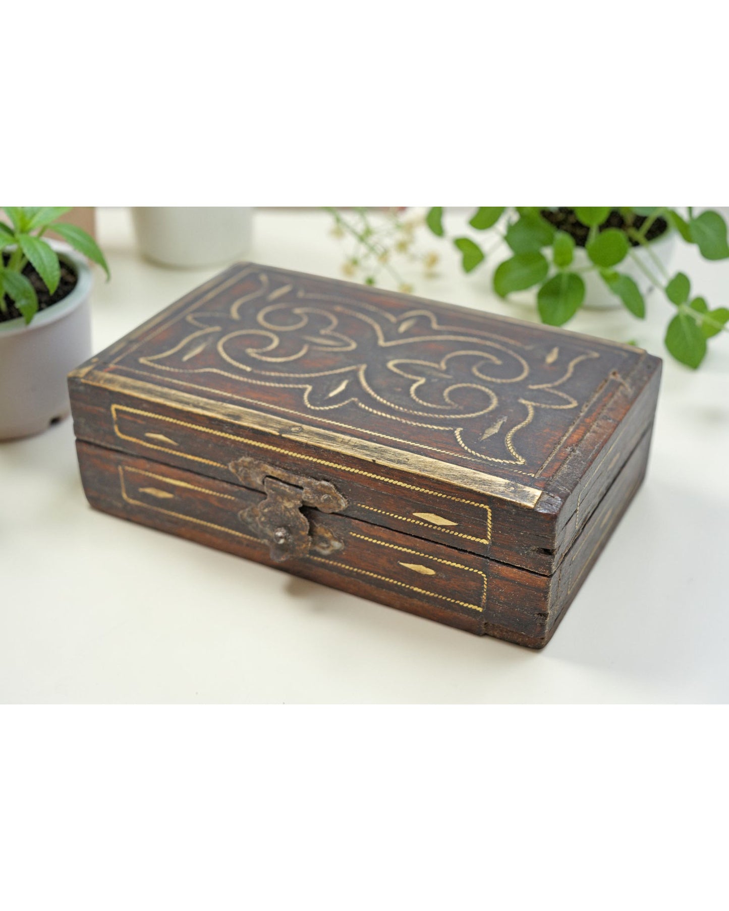 Vintage Wooden Small Storage Box Original Old Hand Crafted Fine Brass Fitted